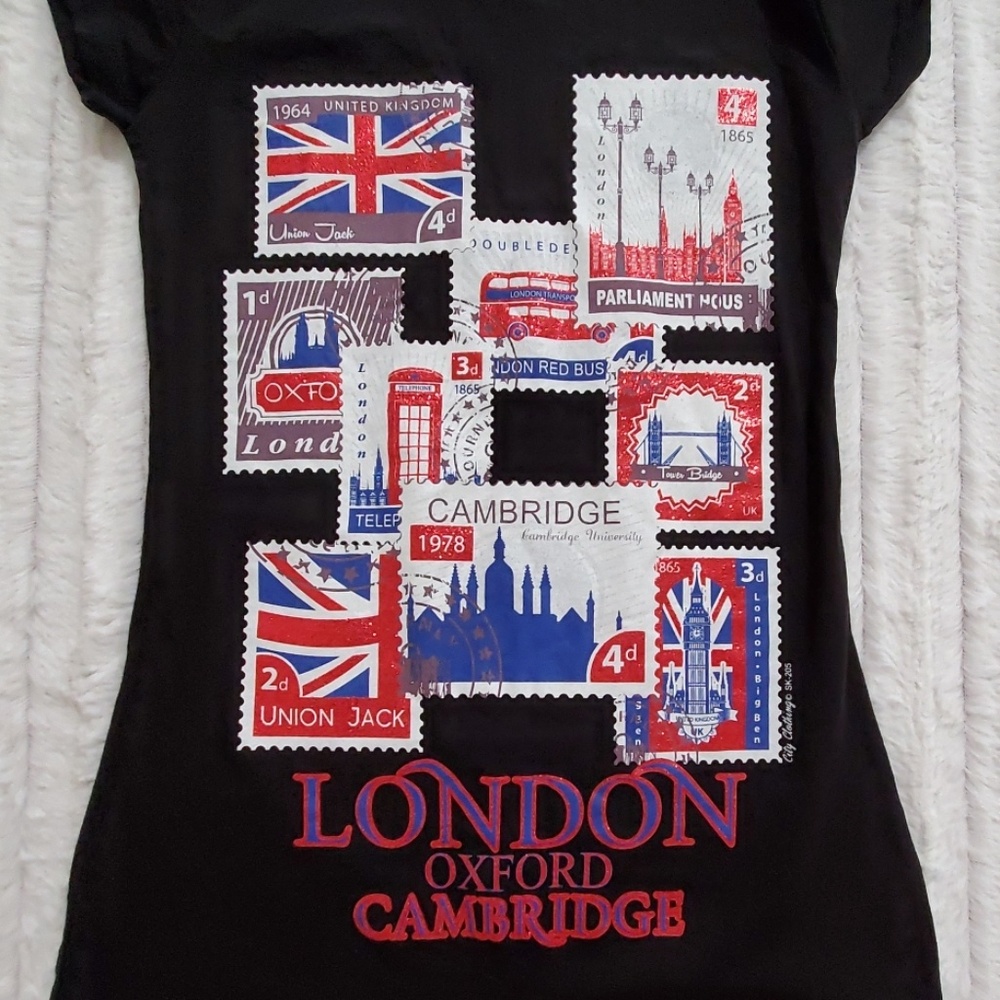 UK London multicolor scenic stamp landmark graphics black cap sleeve tee XS SM